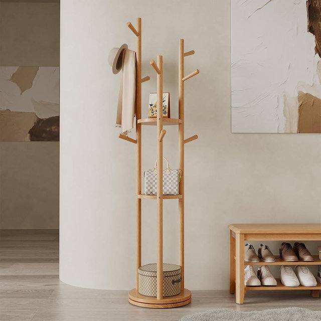 Muwuele Solid Wood Rotary Coat Rack, Freestanding Coat Rack with 3 Shelves and 9 Hooks, Coat tree for Bedroom, Entryway, Livingroom, Coat Hanger Stand for Coats, Scarves, Handbags (Natural)
