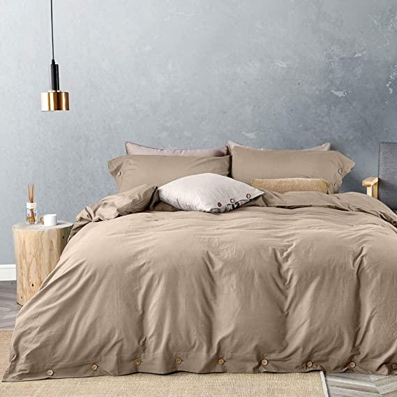 JELLYMONI Khaki 100% Washed Cotton Duvet Cover Set