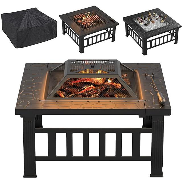 Flamaker Outdoor Fire Pit Table 32 Inch Patio Square Metal Bonfire Pit with Cover Poker and Grate Wood Burning Firepit Backyard Stove Fireplace for Outside Heating Camping