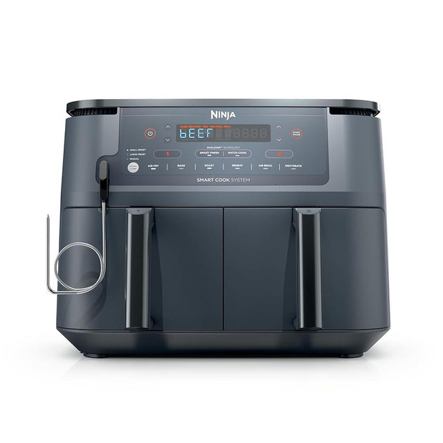 Ninja 6-in-1 10 QT Air Fryer, Foodi Smart Thermometer, Roast, Bake, Air Fry, Crisps, Broil, Reheats, Keep Warm, Fries, Frozen Food, Veggies, & Meat, Light Grey, DZ550​GY (Renewed)