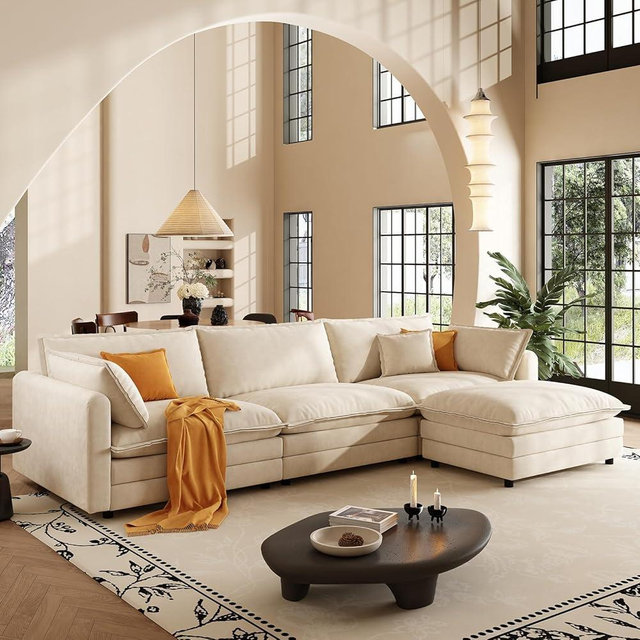 Shaped Modern Sofa Modular Sectional Cloud Couch, 114 Inch L Shaped Couch Set for Living RoomBedroom and Apartment, 4-Seater Comfy Cloud Couches with Movable Ottoman, Chenille, (Beige, 114 Inch-L)