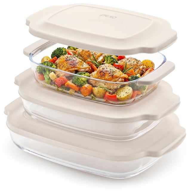 6-Piece Glass Baking Dishes with Lids, Clear Glass Bakeware with Silicone Handles, (2.11QT, 3QT, 4.12QT) Casserole Dishes, Oven Dishwasher and Freezer safe, Rectangular Stackable Nesting Baking Dish set (White)
