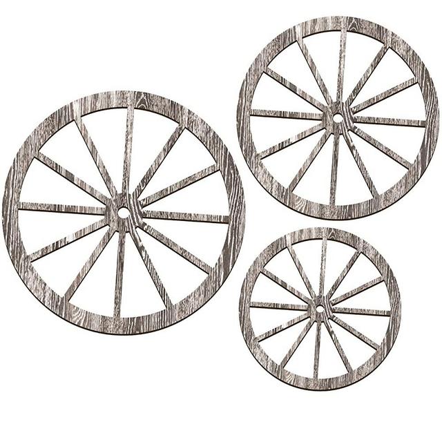 Qunclay 3 Pcs Wooden Wagon Wheel Decor 12/10/8 Inch Old Western Western Wall Decor Farmhouse Wagon Wheels Rustic Yard Wall Art Decor Hanging Decorative Wheels for Garden Home Bar Garage (Light Brown)