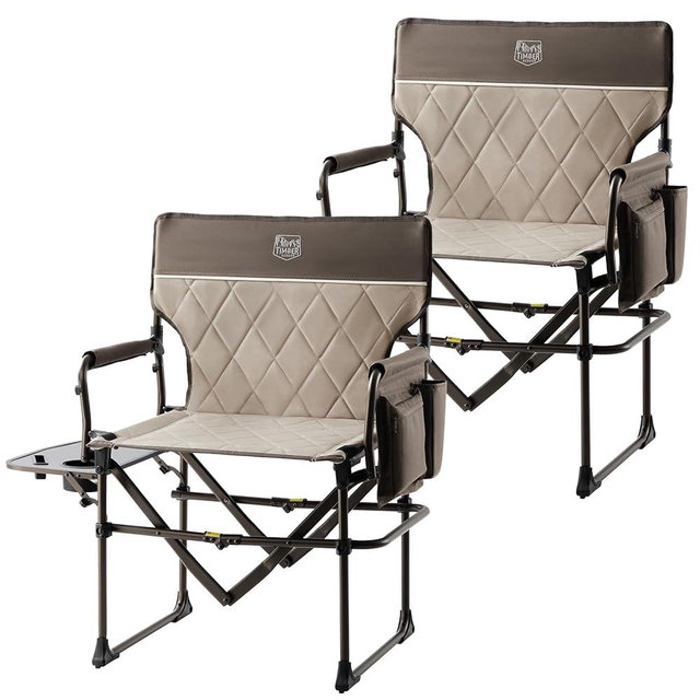 TIMBER RIDGE Aluminum Camping Directors Chair with Side Table Pocket, Portable Folding Chair, Heavy Duty Lawn Chair for Fishing Trip Picnic Concert Outdoor 400lbs, Tan 2 Pack