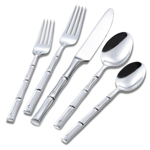 Flatasy Silverware Set Stainless Steel Flatware Set 40 Pieces Cutlery Set Bamboo Handle Mirror Finished for Home Kitchen Restaurant Hotel Cutlery Set Service for 8