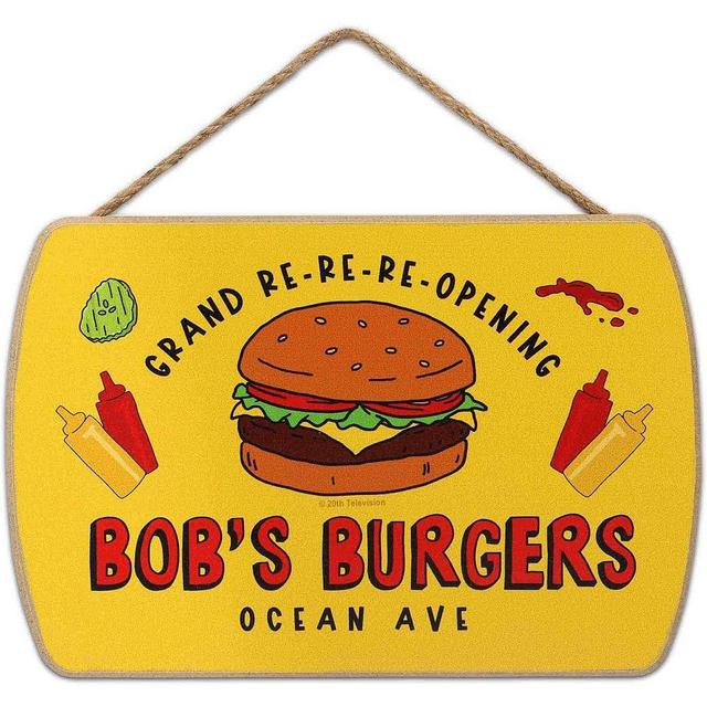 Open Road Brands Bob's Burgers Grand Re-Re-Reopening Hanging Wood Wall Decor - Funny Bob's Burgers Sign for Bedroom or Movie Room
