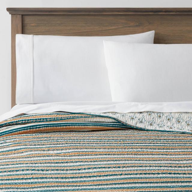 Full/Queen Boho Stripe Printed Quilt Dark Teal Blue/Dark Gold - Threshold™