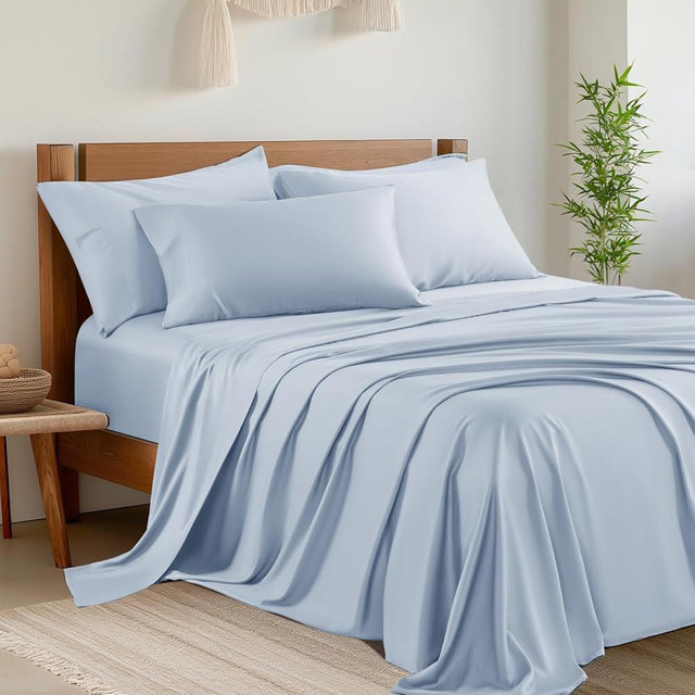 Shilucheng 6 Piece Queen Sheet Sets, Cooling Sheets, Blend Rayon Derived from Bamboo, Deep Pocket Up to 16", Breathable & Soft Bed Sheets, Hotel Silky Bedding Set, Sky Blue