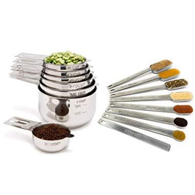 Measuring Cups and Spoons Set by Simply Gourmet. Premium Set of 15 Stainless Steel Measuring Cups and Spoons with level. Includes 7 Engraved Metal Measuring Cups and 7 Spoons Plus Level