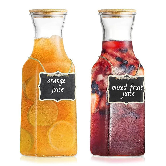 Glass Carafe with Bamboo Lid, Square 35 Oz Beverage Dispensers Carafe, Mimosa Bar Supplies, Clear Glass Pitcher with Name Labels for Iced Tea, Coffee, Juice(Set of 2)