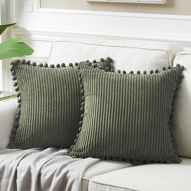 Fancy Homi Pack of 2 Olive Green Decorative Throw Pillow Covers 18x18 Inch with Pom-poms for Couch Bed Living Room Bedroom, Soft Corduroy Solid Square Cushion Case 45x45 cm, Farmhouse Boho Home Decor
