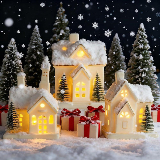 GARKALY Timer: White Ceramic Christmas Village Houses, 3Pcs Light Up Christmas Village Sets with 4Pcs Trees, LED Lighted Tabletop House Figurines for Home Decor, Winter Holiday, Xmas Gift