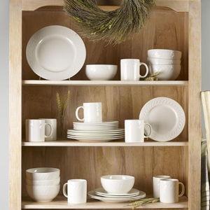 Pfaltzgraff Sylvia Dinnerware Set 32-Piece Service for 8 - White Porcelain Dinner Plates, Salad Plates, Soup Bowls and Mugs with Embossed Scrollwork