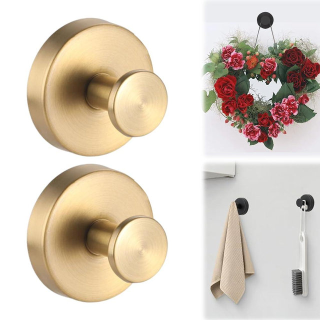 KEAOZA Upgraded Suction Cup Hooks for Door Wreaths, No Drill Wreath Hangers for Front Door, Removable Reusable Hooks Holder for Glass Window Towel Shower Bathroom Kitchen (2, Gold)