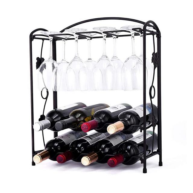 Wine Rack Countertop with Glass Holder,HOWDIA Foldbale Metal Wine Bottles Holder for 4 or 8 Bottles and 8 Wine Glasses,Perfect for Home Decor & Kitchen Storage, Bar, Wine Cellar, Cabinet (Bronze)