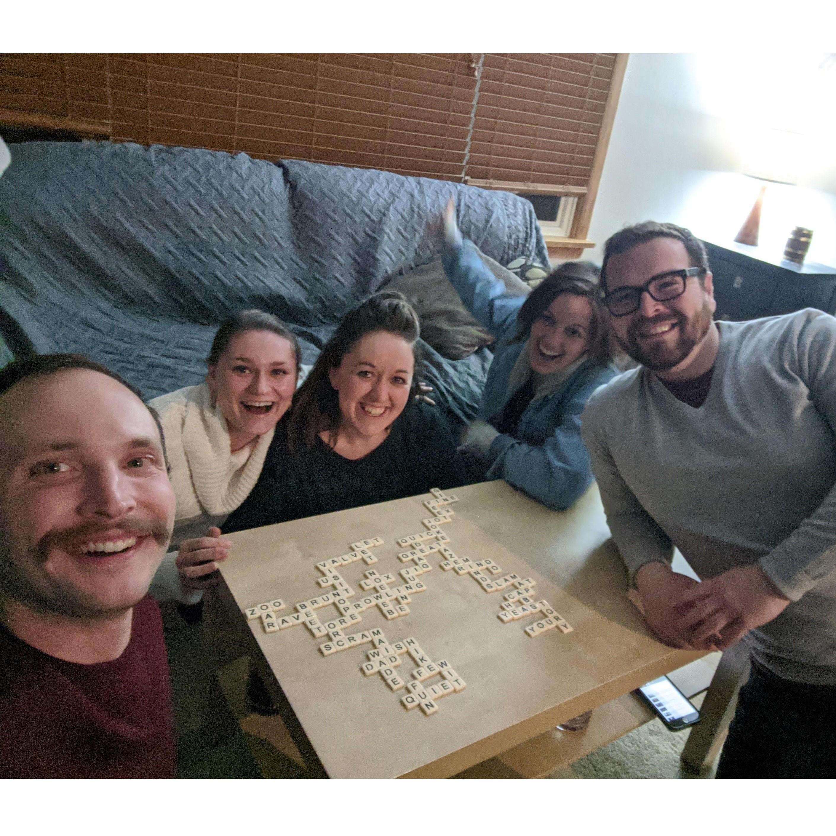 Team scrabble. Rule: share something you love before you add a word to the board.