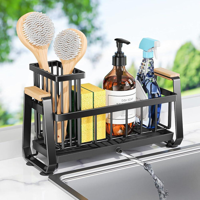 Bele Rose Sink Caddy Organizer, Kitchen Sponge Holder for Sink with Quick Drain Tray & Non-Slip Suction Cups, Sturdy Rustproof Stainless Steel Kitchen Countertop Organizer for Sponge Soap Dispenser