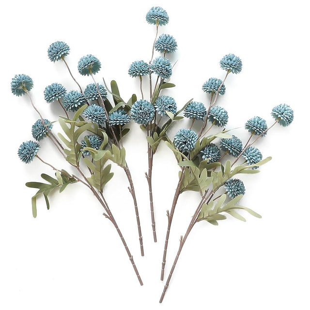 Floroom 5pcs Faux Silk Pompon Mum Artificial Flowers, Bulk Fake Mini Chrysanthemums with Stems for DIY Bouquet Centerpieces Wedding Fillers Slate Blue Arrangements Shower Decorations, Dusty Blue