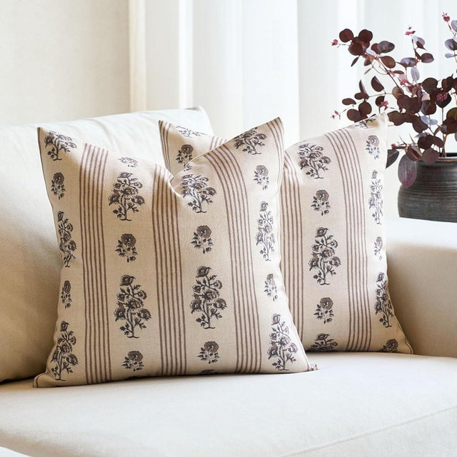 Amor Virisso Floral Throw Pillow Covers 24x24 Set of 2 Block Print Pillow Covers Neutral Floral Striped Farmhouse Decorative Pillow Covers for Sofa Couch Bed, Brown