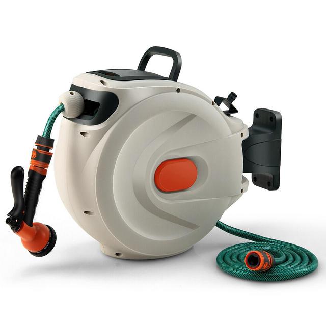 INOLAIT Retractable Hose Reel Wall Mounted 1/2 Inch 98 Feet Any Length Lock with Hose Nozzle