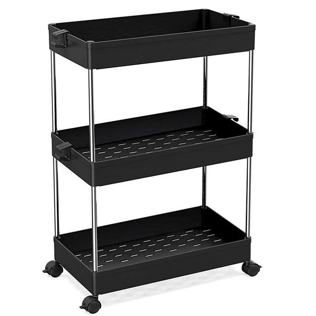 SPACEKEEPER Slim Storage Cart, 3 Tier Bathroom Organizers Rolling Utility Cart Slide Out Storage Shelves Mobile Shelving Unit Organizer for Office, Kitchen, Bedroom, Bathroom, Laundry Room, Black