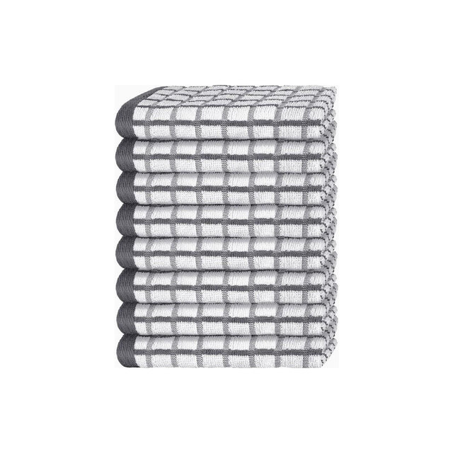 White Classic 100% Cotton Checkered Design Kitchen Towel Set of 8 - 16x26" Grey