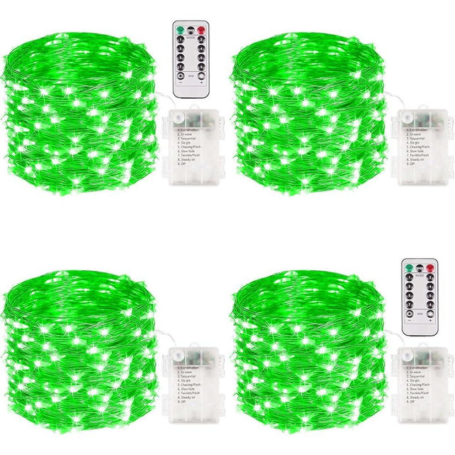 4 Pack 100 LED Fairy Lights Battery Operated with Remote, 33FT Waterproof Twinkle Lights with Timer & 8 Modes, Fairy String Lights Outdoor Indoor for Bedroom St Patrick's Day Decor (Green)