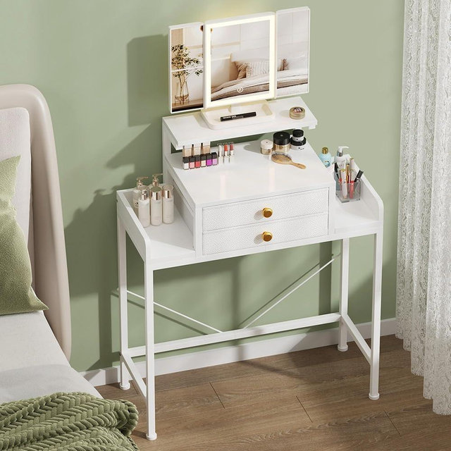 HIGDBFE Vanity Desk with Mirror and Lights, 28.4''W Small Makeup Vanity Table with Height-Adjustable Stand, 2 Fabric Drawers Compact Makeup Desk, Gift for Girls, Bedroom Small Space, White