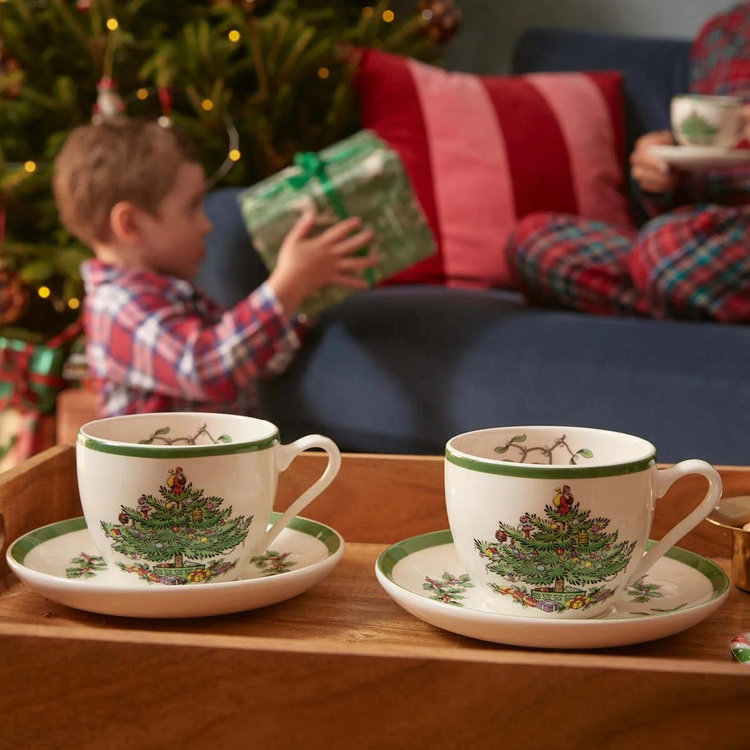 Spode, Christmas Tree Teacup & Saucer, Set of 4 | Zola