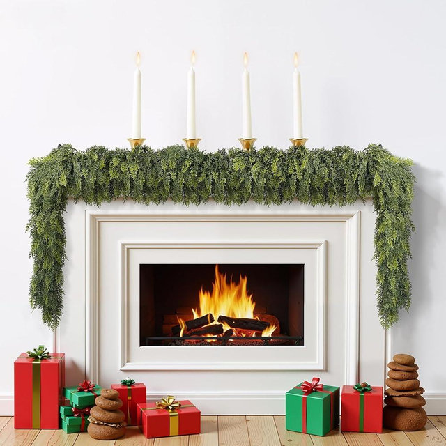 9 ft Christmas Garland, Cedar Garland, Realistic Touch Cypress Garlands, Green Artificial Greenery Garland for Mantel Indoor Outdoor Christmas Decorations