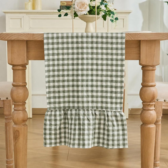 Kisswish Sage Green Gingham Plaid Ruffle Table Runner 90 Inches Long, 100% Washed Cotton Double Layer Farmhouse Dining Decor for Holiday, Home Party Wedding, 13 x 90 inches