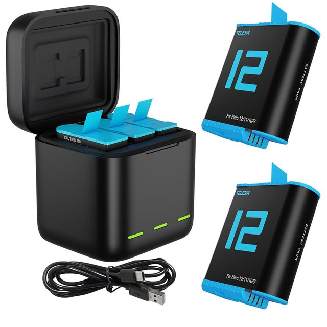 TELESIN Battery Charger Kit for GoPro Hero 12 11 10 9 Black, 2-Pack Battery + Triple Charge Case with Type-C Charging Cord for Go Pro 12 11 10 9 Original Batteries Accessories
