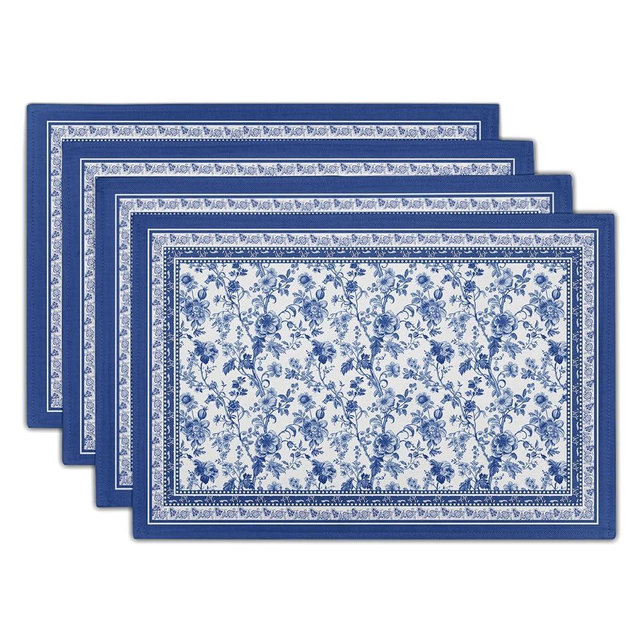 Blue Floral Branches Placemats Set of 4 ，12 x 18 Inch Chinoiserie Table Mats Washable Heat Resistant Linen Fabric Rectangle Place Mat for Indoor Outdoor Kitchen Dining Home Decor