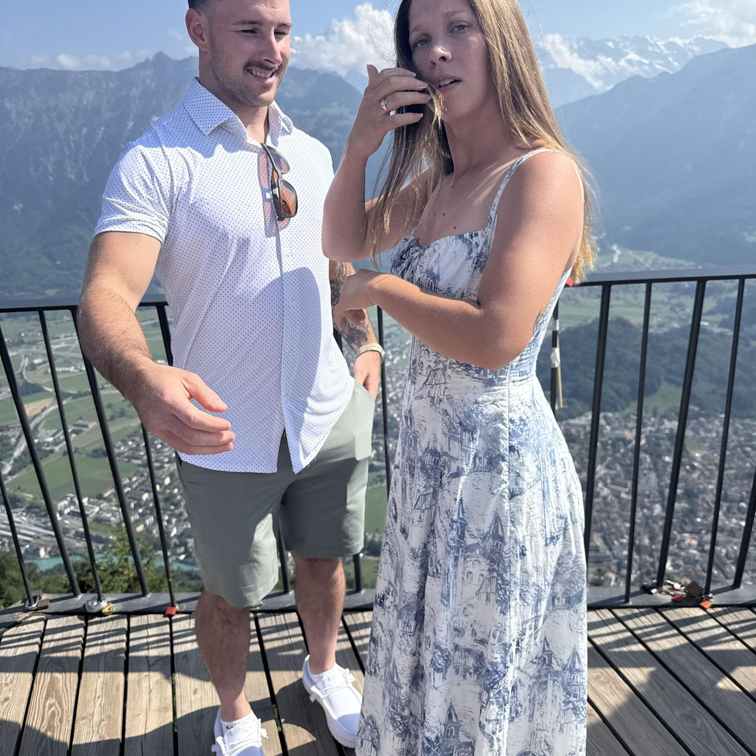 Day 3 - Harder Kulm - Getting the nerve to walk out on the platform. Completely missed the giant ring box bulge in Mike's pocket....