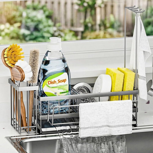Sponge Holder for Kitchen Sink – Rustproof Stainless Steel with Detachable Drainboard, Brush Rack & Towel Bar | Compact, Non-Slip Design for Countertop Bathroom