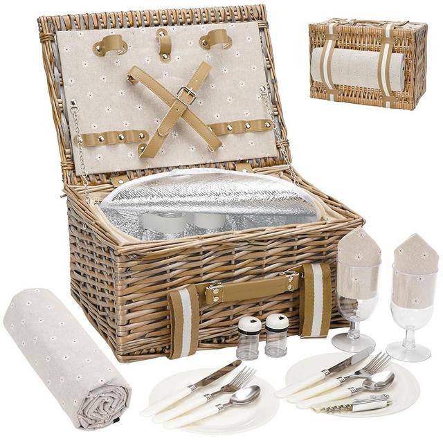 G GOOD GAIN Picnic Basket for 2 - Wicker Picnic Set with Waterproof Blanket| Large Picnic Hamper with Insulated Cooler & Cutlery Kit for Couples Camping,White Flower,15x11x7.5inch