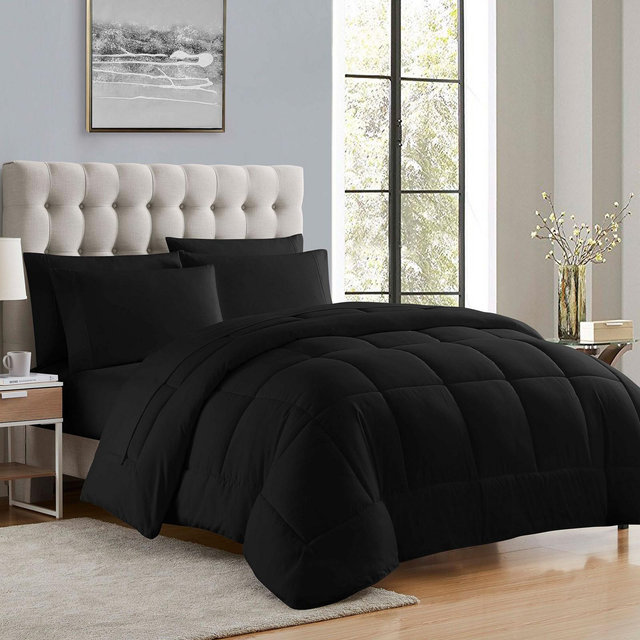 Bed-in-A-Bag Solid Color Comforter & Sheet Set Soft All Season Bedding, California King, Black
