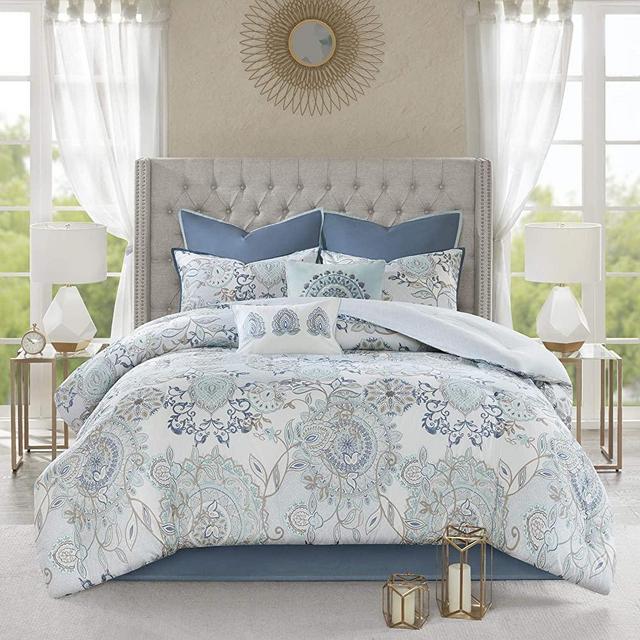 Madison Park Season Set, Matching Bed Skirt, Decorative Pillows, Queen(90"x90"), Isla, Floral Medallion Blue 8 Piece