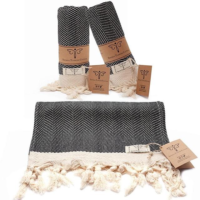 Smyrna Original Turkish Hand Towels Herringbone Series Set of 2 | 100% Cotton, 16 x 40 Inches | Decorative Bathroom Peshtemal Towel for Hand, Face, Hair, Gym, Yoga, Tea, Kitchen and Bath (Black)