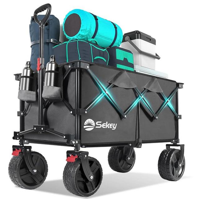Collapsible Wagon Cart with Big All-Terrain Beach Wheels, Foldable Heavy Duty Wagons with Cup Holders, Utility Carts for Camping, Garden, Outdoor, Grocery, Sports. Grey