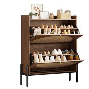 IRONCK Shoe Cabinet Storage with 2 Flip Drawers, Free Standing Wooden Shoe Storage Organizer Cabinet with Rattan Doors for Entryway, Narrow Shoe Rack Cabinet, Walnut