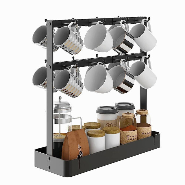 ZDDLOINP Aluminum Alloy Coffee Mug Holder with Movable Hooks, 16 Capacity Coffee Cup Holder for Countertop, 2 Tier Mug Tree Holder Rack with Storage Base for Coffee Pod, Sugar Bags, Paper Cups, Black