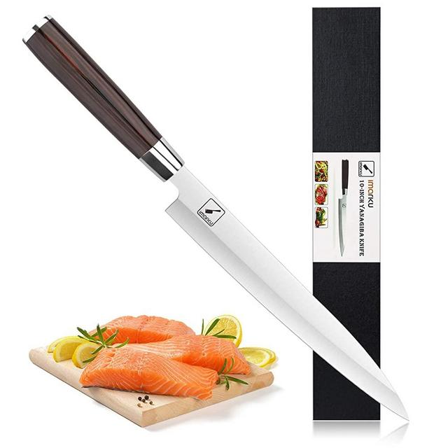 Sashimi Sushi Knife 10 inch: imarku Professional Single Bevel Japanese Sushi Knives for Fish Filleting & Slicing, 5cr15mov Steel with Ergonomic Pakkawood Handle - Yanagiba Knife
