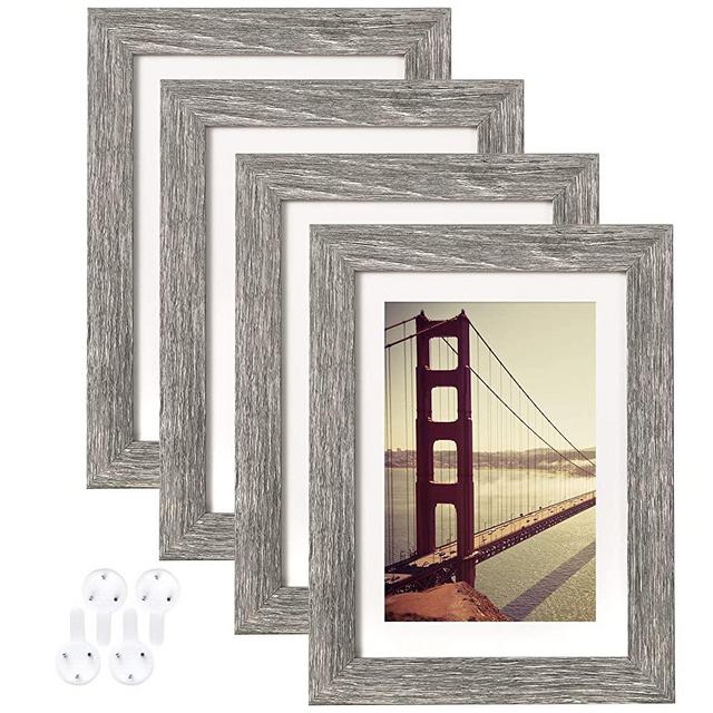 BAIJIALI 5x7 Picture Frame Rustic Grey Wood Pattern Set of 4 with Tempered Glass,Display Pictures 4x6 with Mat or 5x7 Without Mat, Horizontal and Vertical Formats for Wall and Table Mounting