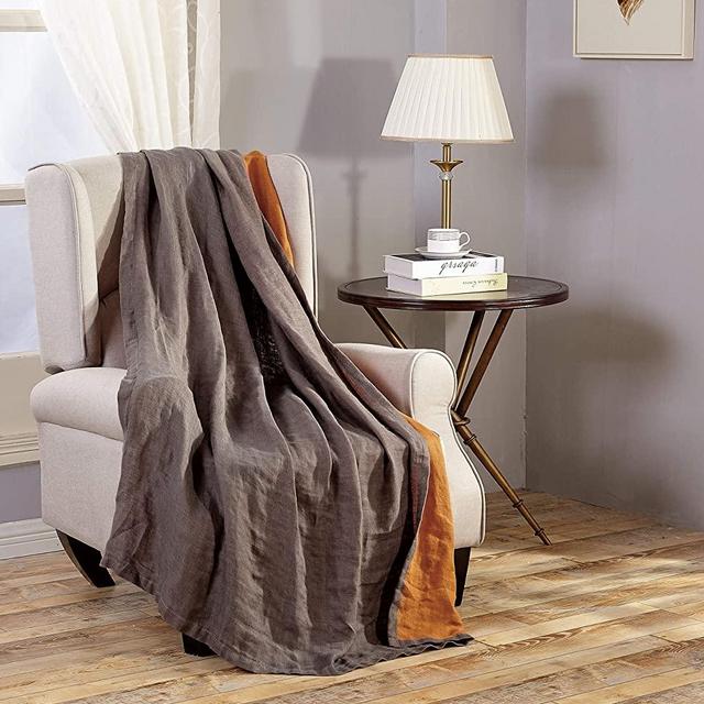 Brussels Super Soft Lightweight Pre-Washed Belgian Flax Linen Reversible Throw Blanket, 50" x 70" - Gray/Orange