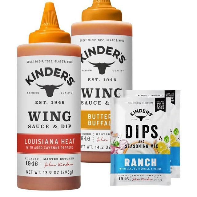 Kinder's Wing Sauce Variety Pack, Louisiana Heat and Buffalo Sauce with Ranch Dip Mix, Premium Quality Since 1946
