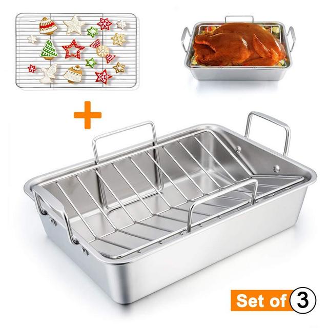 TeamFar Roasting Pan, 15 Inch Large Turkey Roaster Lasagna Pan with V Rack & Cooling Rack Set Stainless Steel For Thanksgiving Christmas, Healthy & Heavy Duty, Deep Side & Dishwasher Safe - 3 PCS