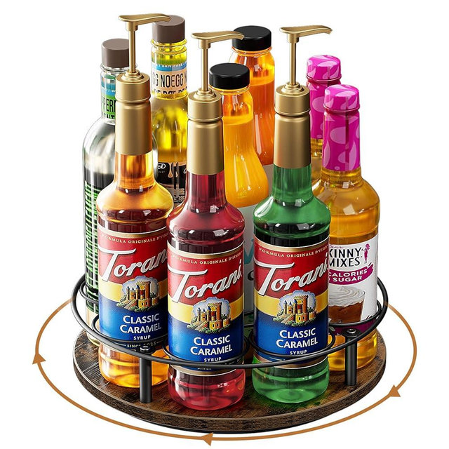 Nuovoware 9 Bottles Rotating Coffee Syrup Rack, Coffee Syrup Rack Organizer Carbon Steel Frame with Wooden Base Bottle Holder for Syrups Table Top Thermos Liquor, Brown+Black