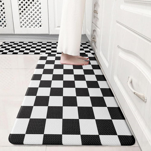 VivaNest Black Checkered Grid Checkerboard Kitchen Rug Sets [2 PCs], Anti-Fatigue, Waterproof Non-Slip Kitchen Mats Heavy Duty Ergonomic Comfort Foam Rug for Floor, Home, Laundry,17"x29"+17"x47"