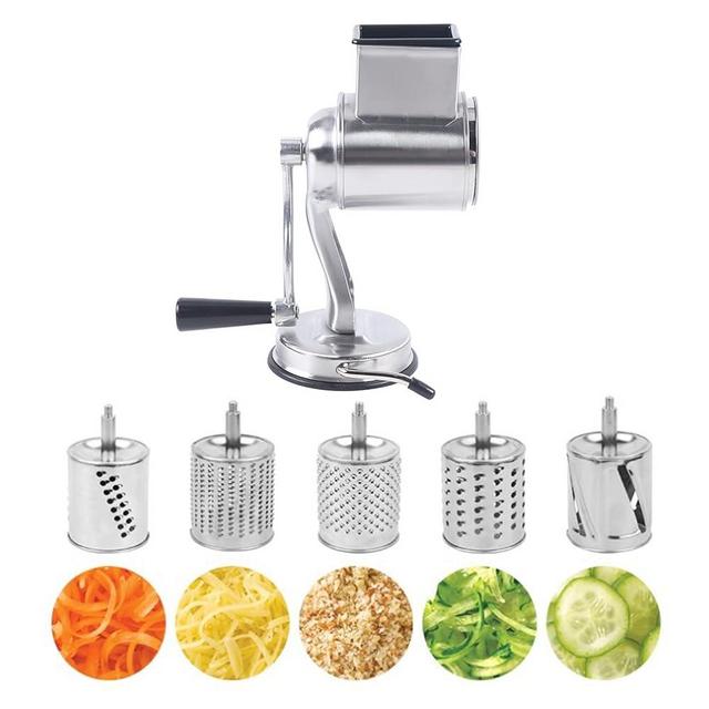 Stainless steel Rotary Vegetable Cheese Grater, 5 Blades Manual Vegetable Grater Strong Suction Cup Base Rotary Cheese Grater